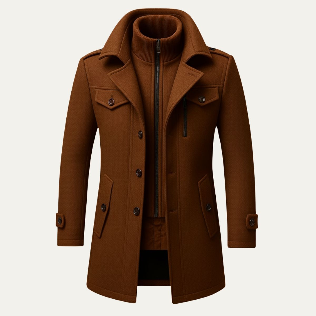 Brown wool-blend pea coat with standing collar and triple button detail