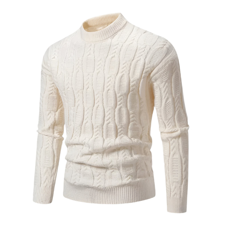 Men's premium cable knit sweater, white, crew neck, long sleeves, textured knit pattern