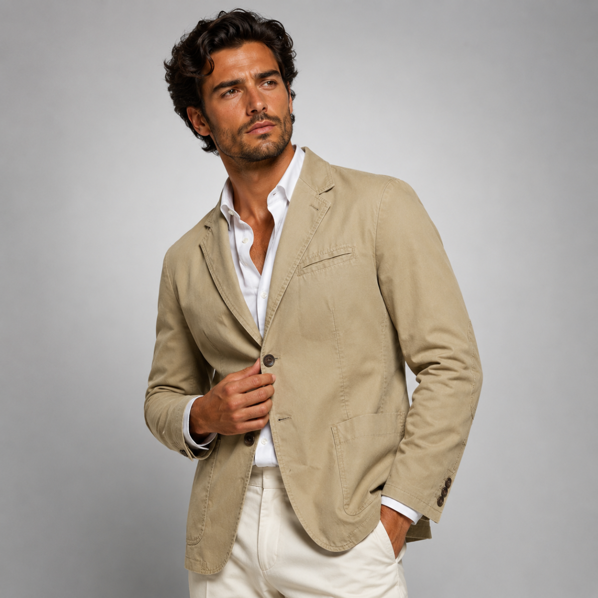 Men's khaki smart blazer jacket with notch lapels, button front, and two front pockets
