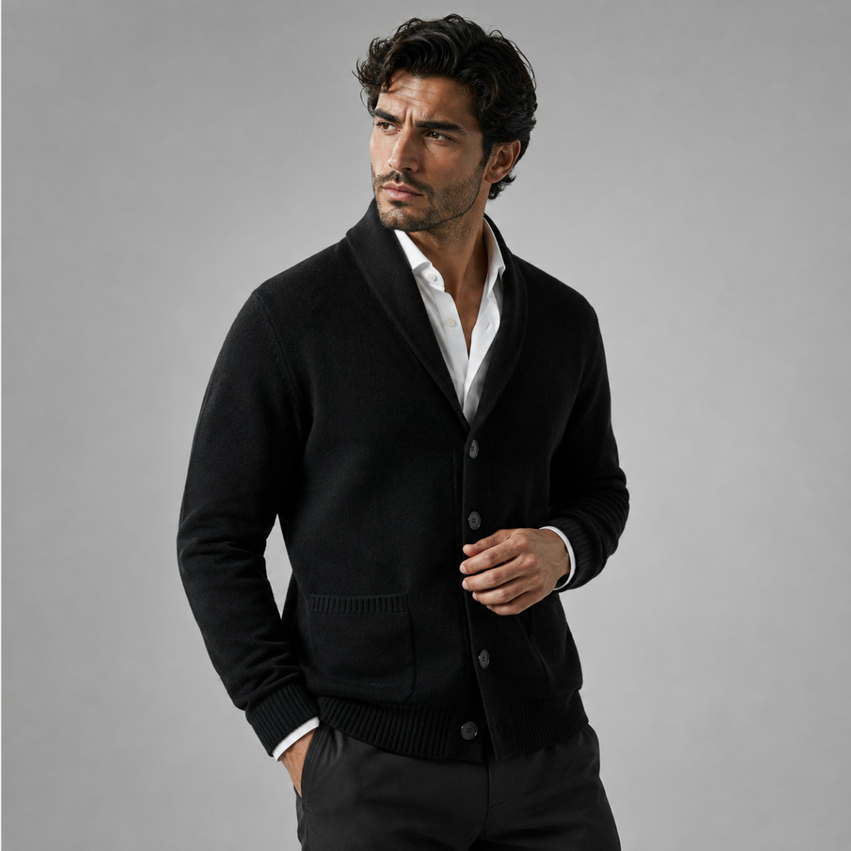 Men’s black knit cardigan with shawl collar, button front, and patch pockets