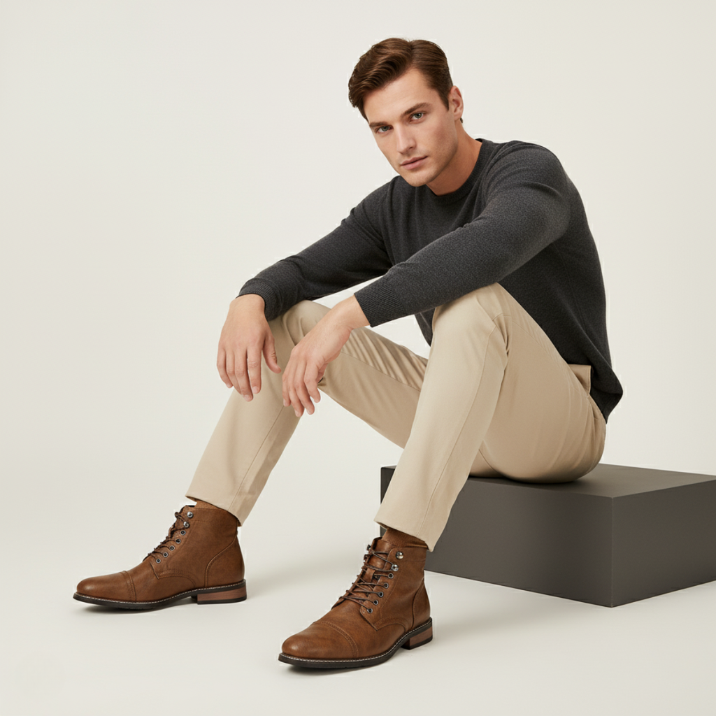 Men's brown lace-up ankle boots worn with light pants and dark sweater