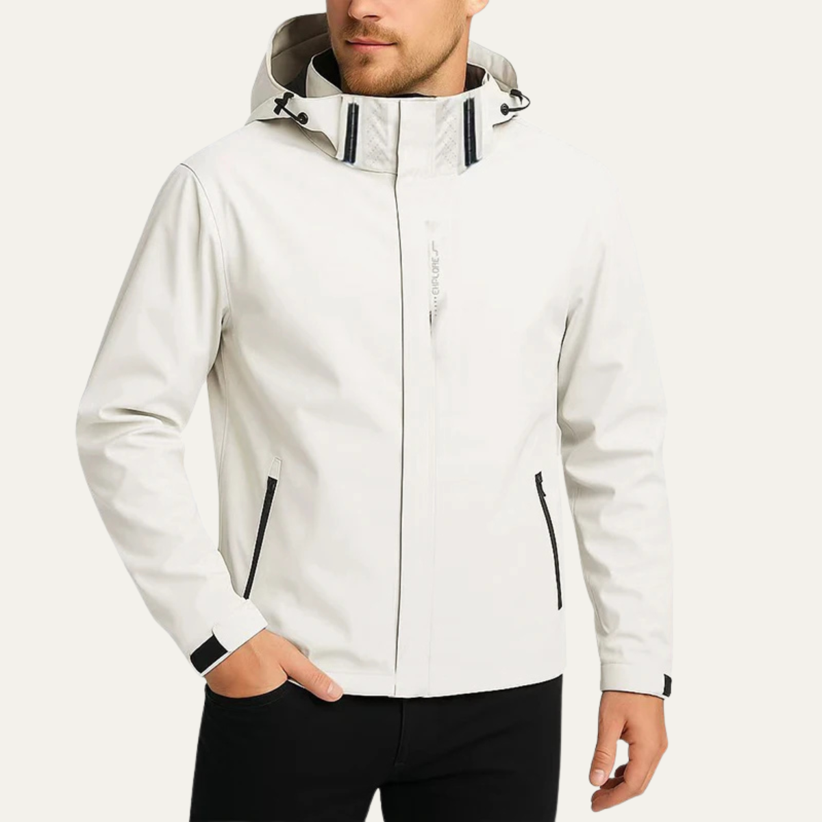 White hooded waterproof rain jacket with full front zipper and side zip pockets