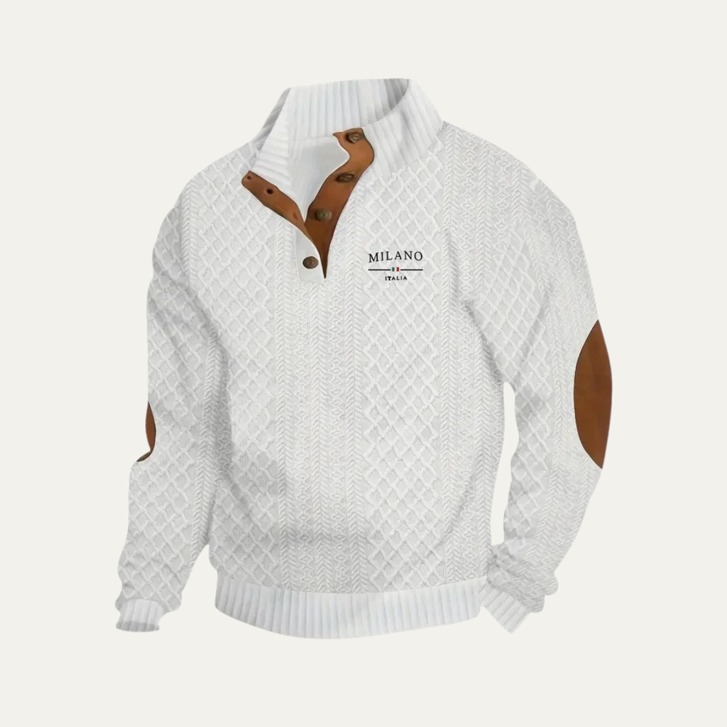 Men's quarter-zip knit sweater in light neutral with tan elbow patches, back view