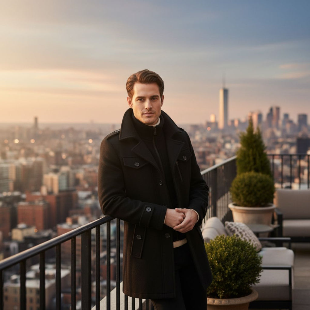 Black wool-blend pea coat on model with structured shoulders and buttoned placket