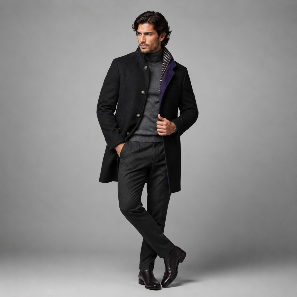 Men's wool coat, black, double-breasted button closure with inner quilted lining