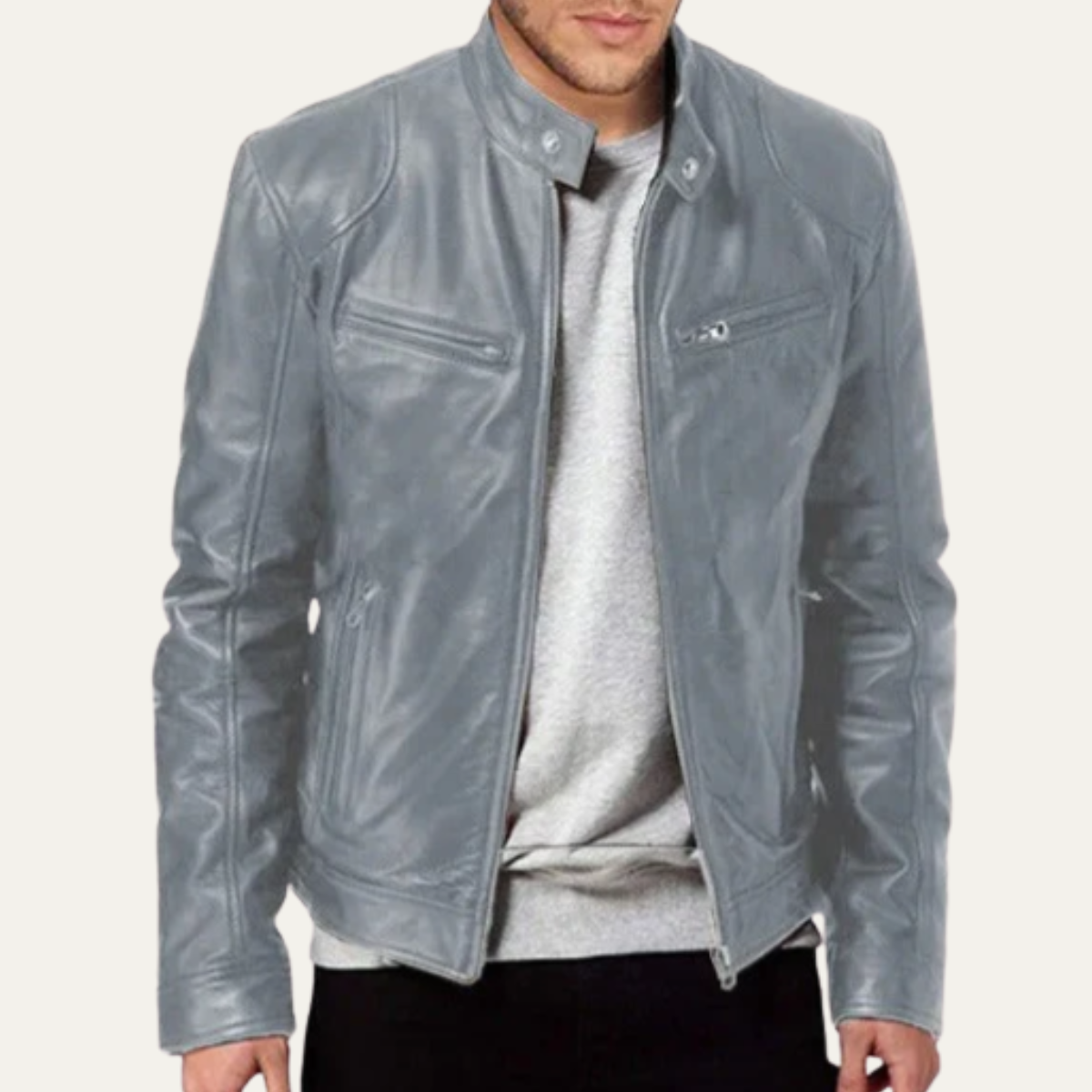 Men's light gray-blue leather zip-up jacket with stand collar and front zip