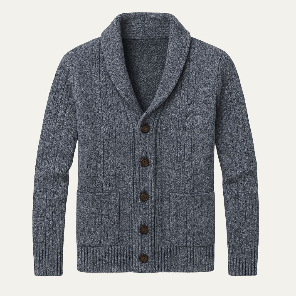 Men's dark gray cashmere cardigan with cable knit texture, button front, and patch pockets