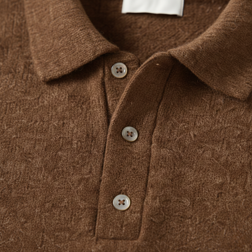 Men's knit polo sweater collar and 3-button placket, brown