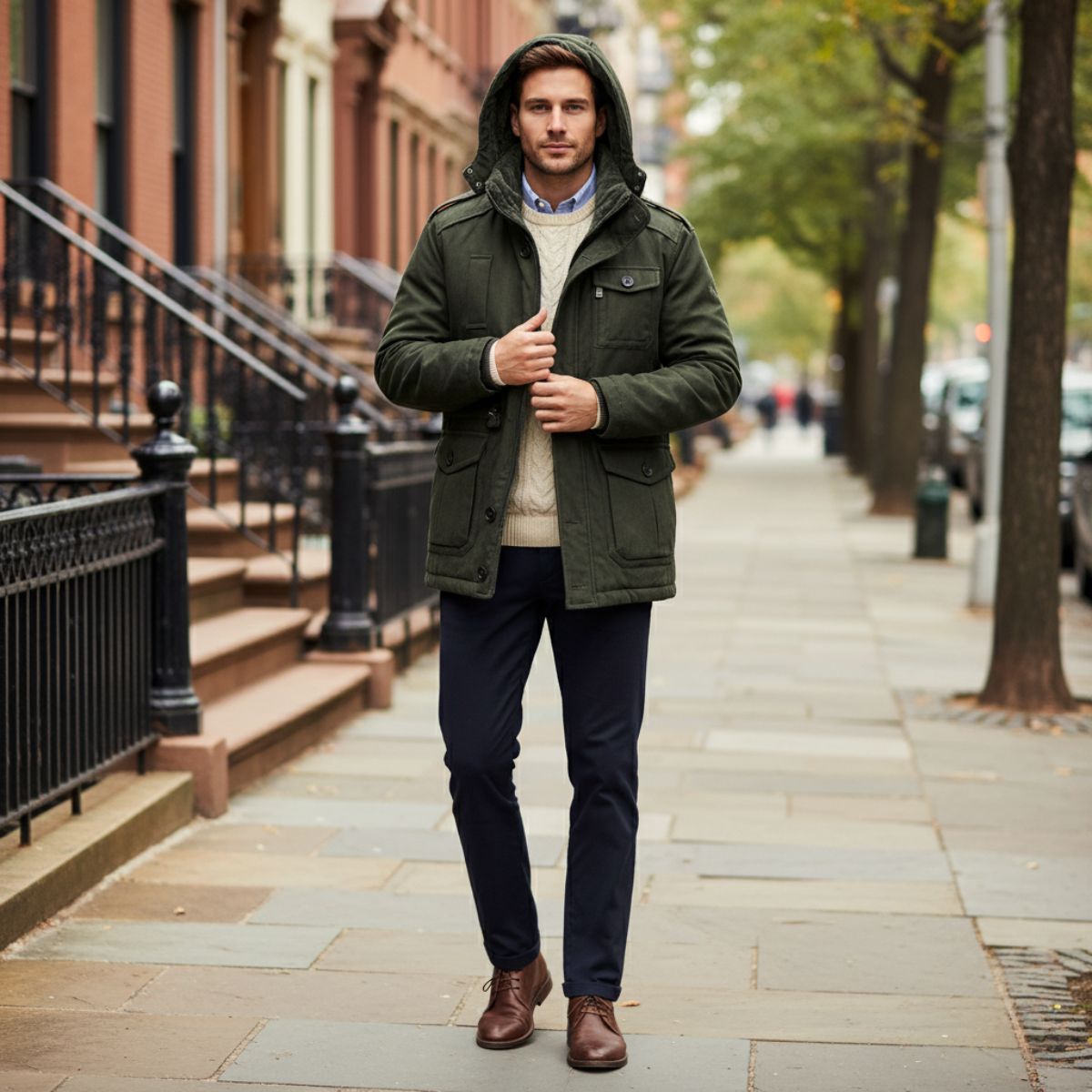 Men's insulated hooded parka jacket, dark green with hood and front zip with snaps