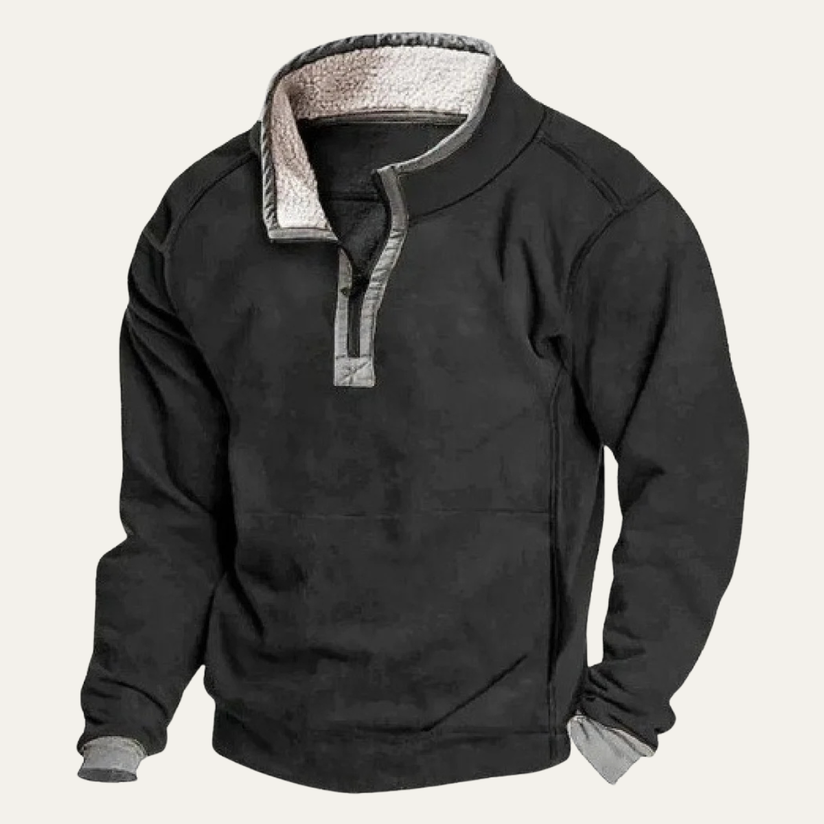 Men's stand-collar outdoor sweater, black half-button pullover with sherpa-lined placket and pocket