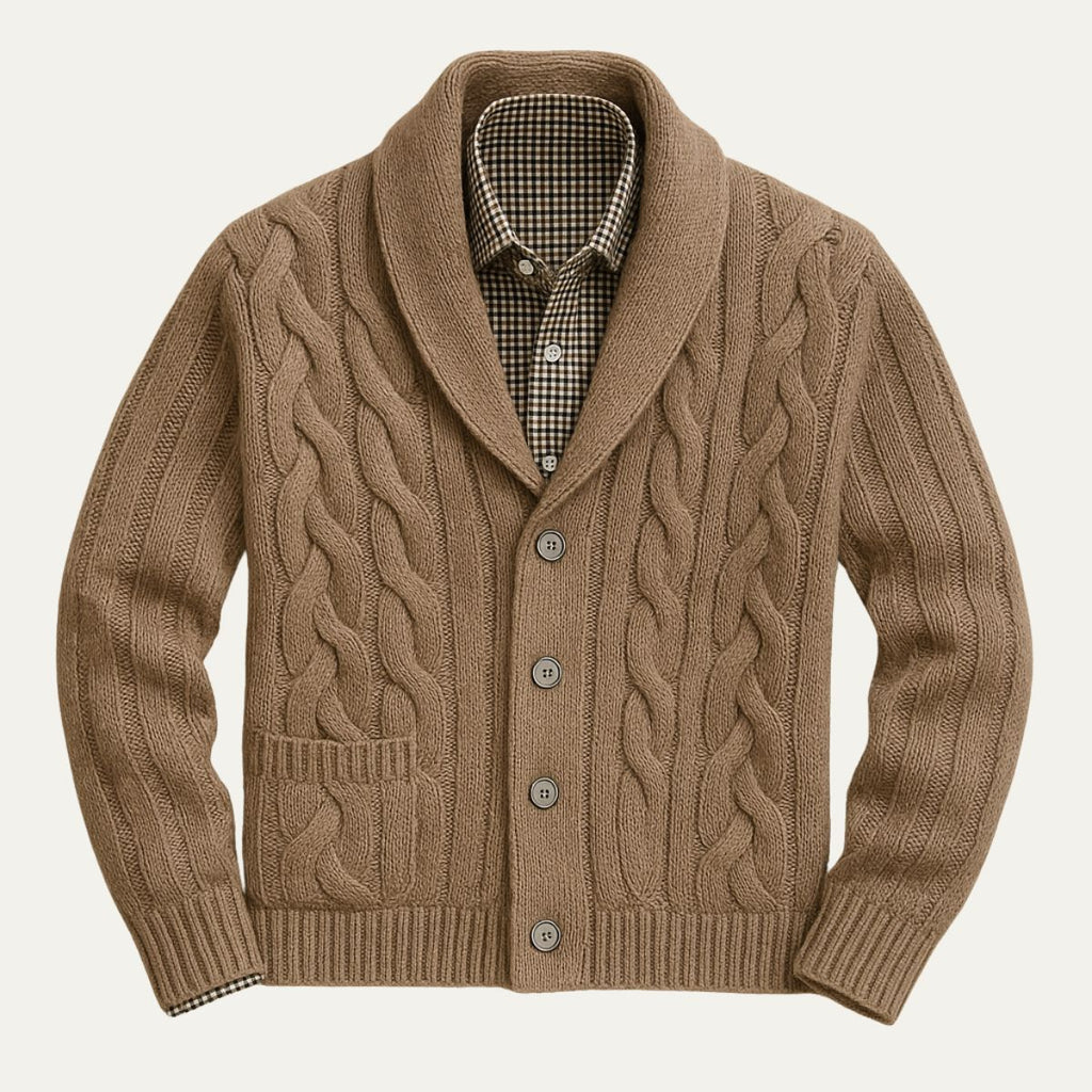 Men’s beige knitted cardigan with cable knit pattern, button-front and shawl collar