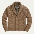 Men’s beige knitted cardigan with cable knit pattern, button-front and shawl collar