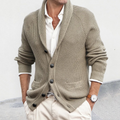 Beige knit shawl-collar button-up cardigan with button front and chest pocket
