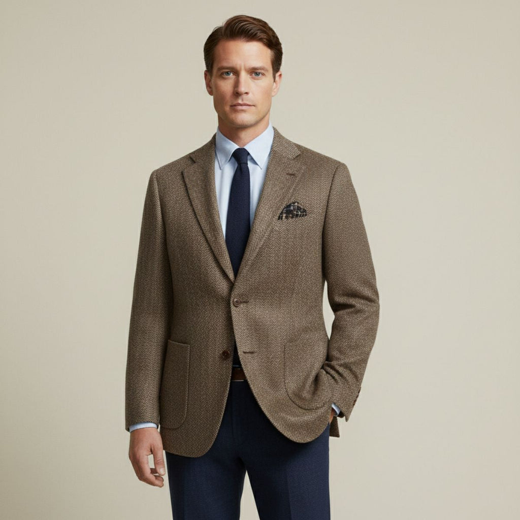 Brown men’s single-breasted blazer with notch lapels and flap pockets, worn