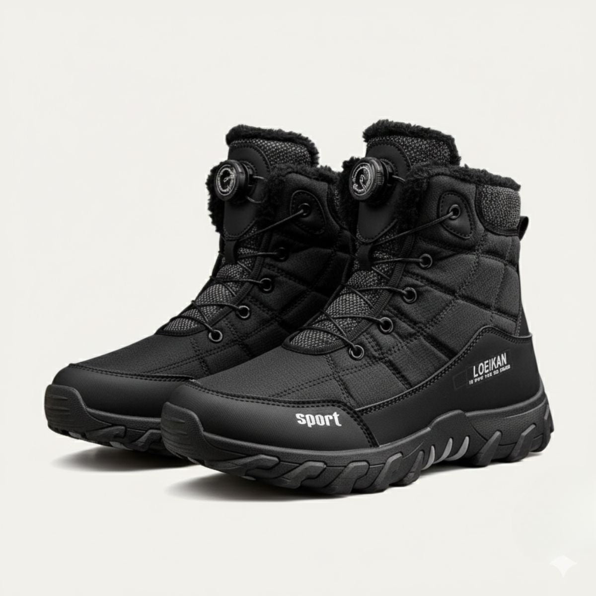 Men's black plush-lined snow boots with padded collar and lace-up front