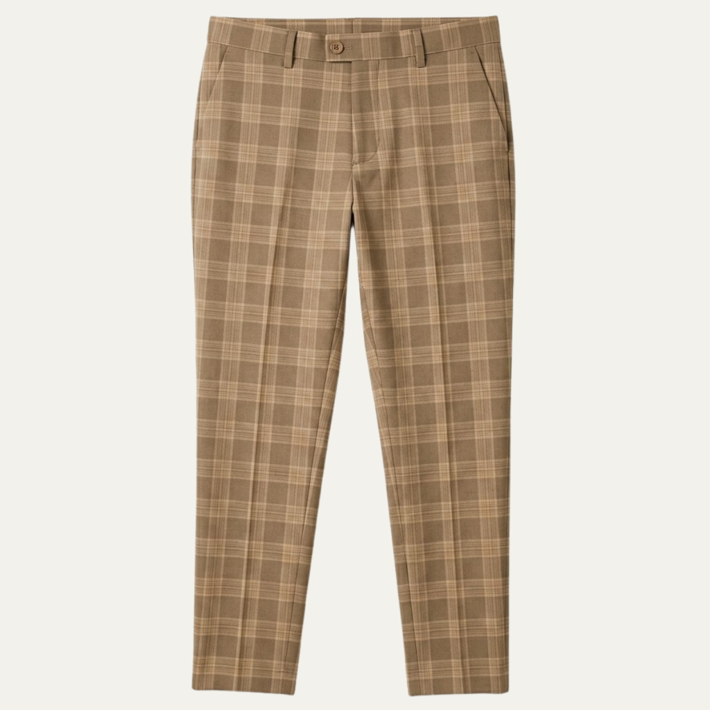 Men's slim-fit checked pants in khaki plaid with belt loops and button closure
