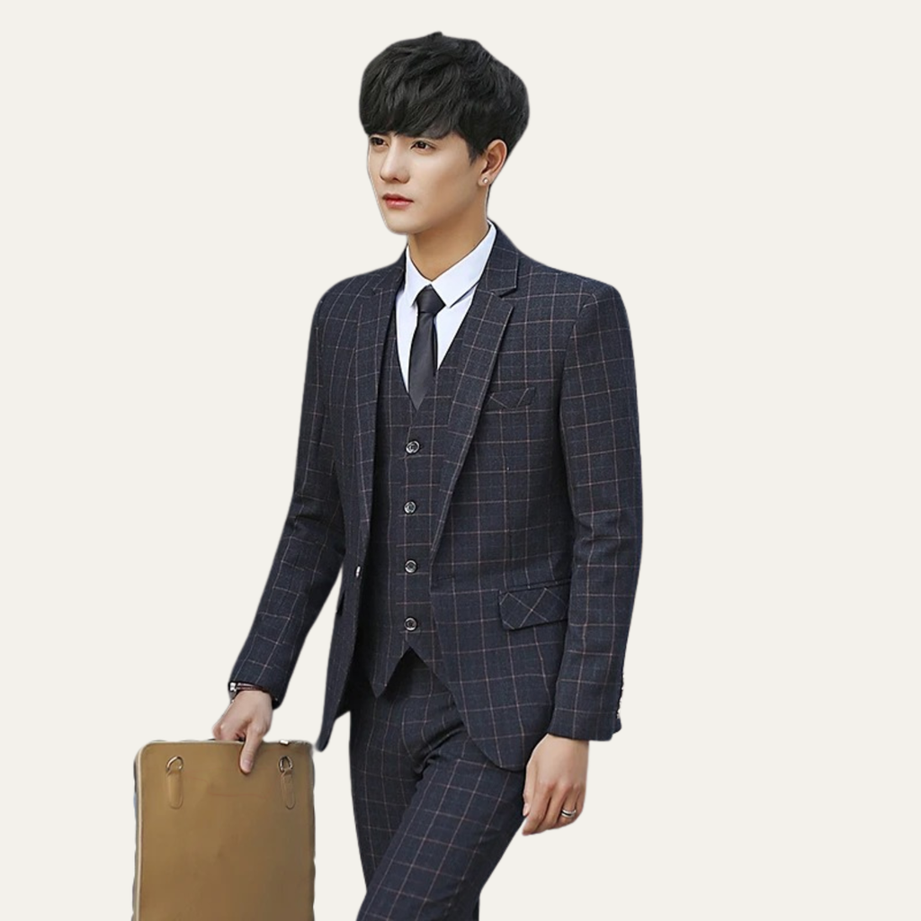 Men’s plaid slim-fit blazer with matching vest and tie, dark windowpane pattern suit