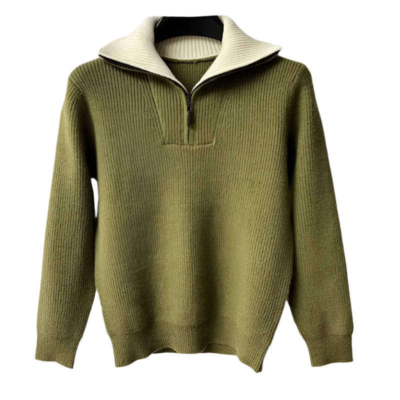 Men's quarter-zip sweater in dark olive green with cream ribbed stand collar