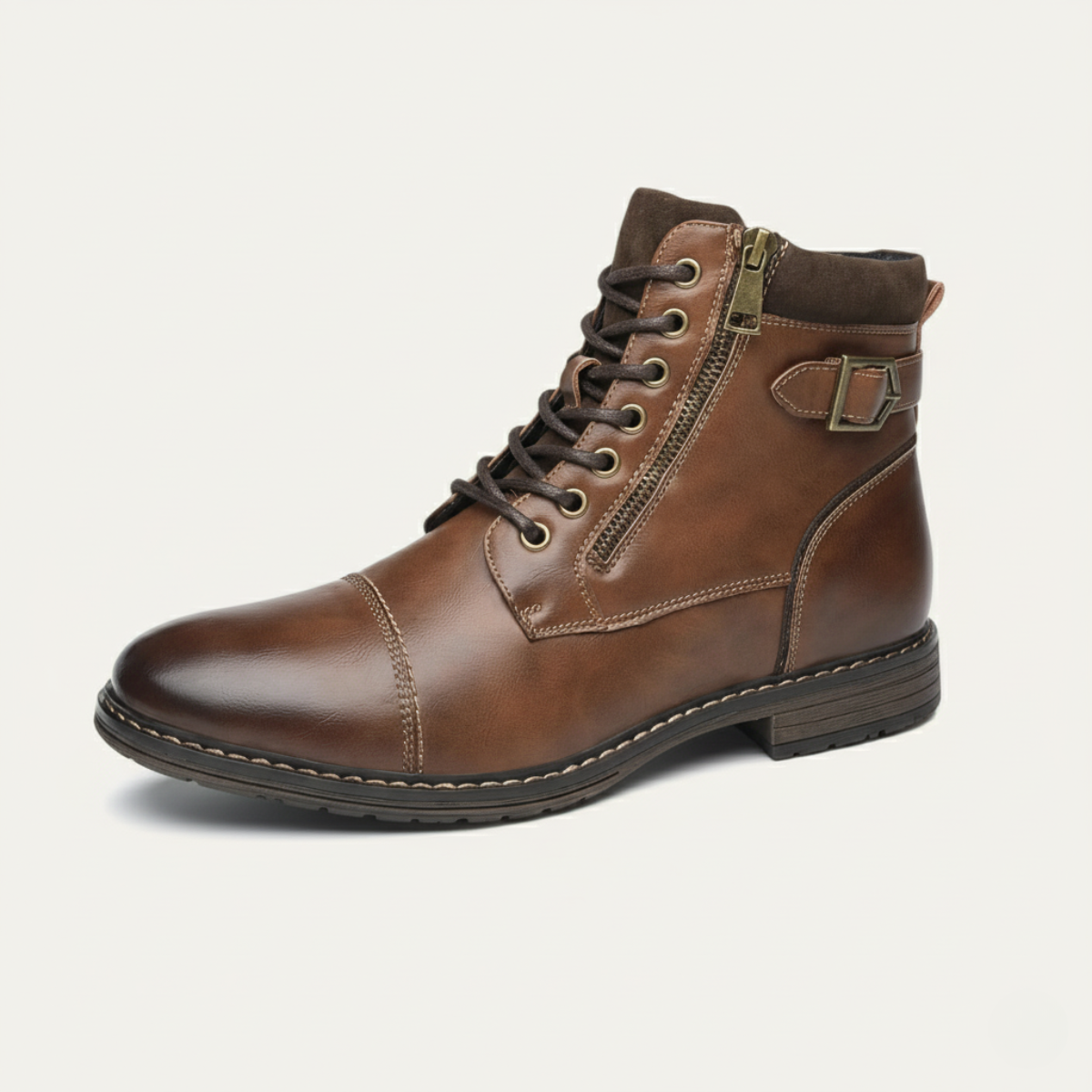 Brown faux leather ankle boots with lace-up front and side zip detail.