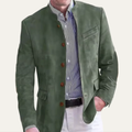 Men's casual blazer, green suede-like fabric, button front, flap pockets, chest pocket