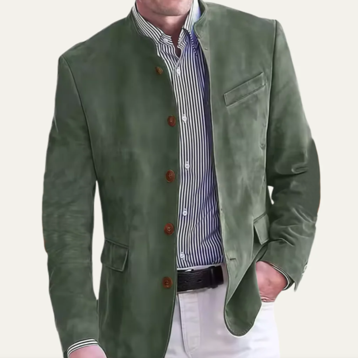 Men's casual blazer, green suede-like fabric, button front, flap pockets, chest pocket