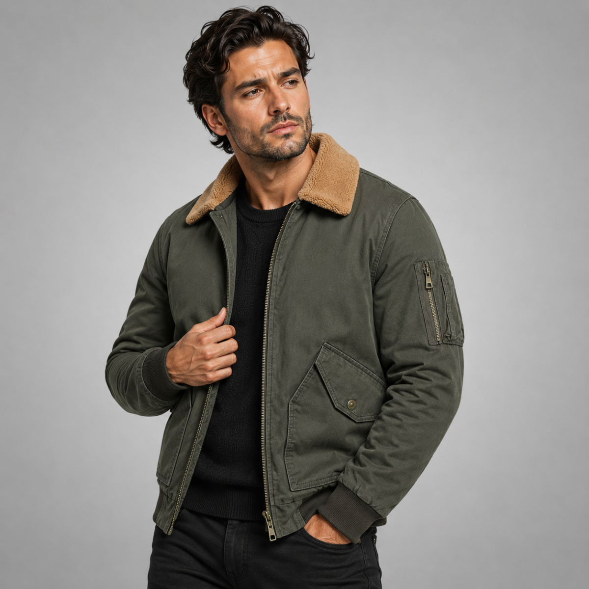Men's army green sherpa-lined bomber jacket with tan collar and chest pocket