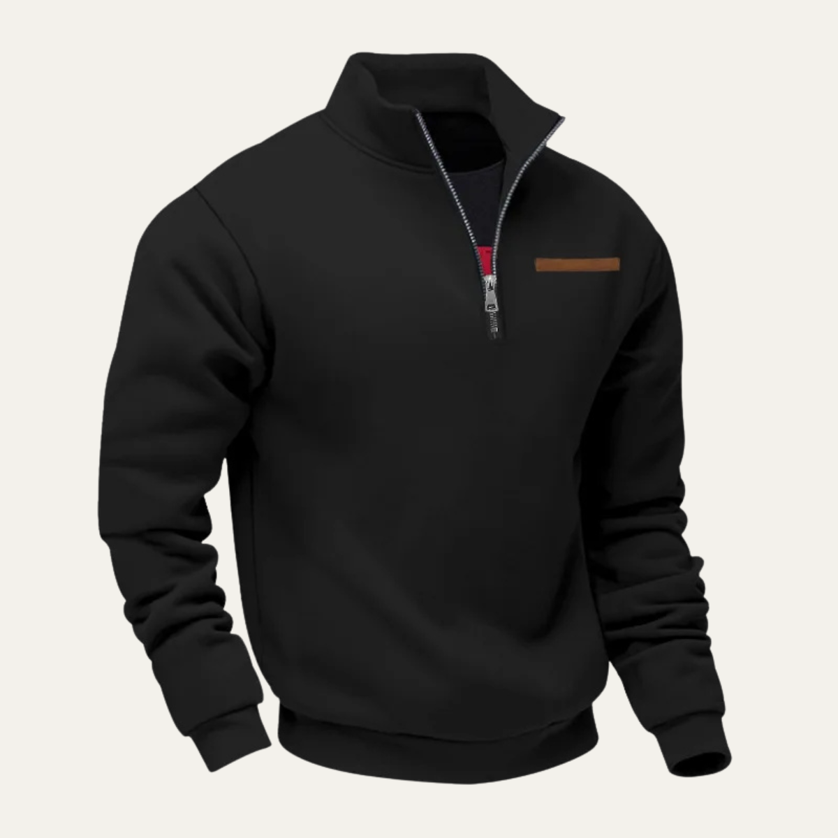Black men’s half-zip stand-collar sweater with long sleeves and chest trim patch