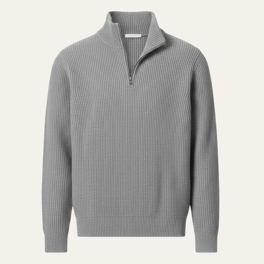 Men's quarter-zip ribbed knit sweater, gray