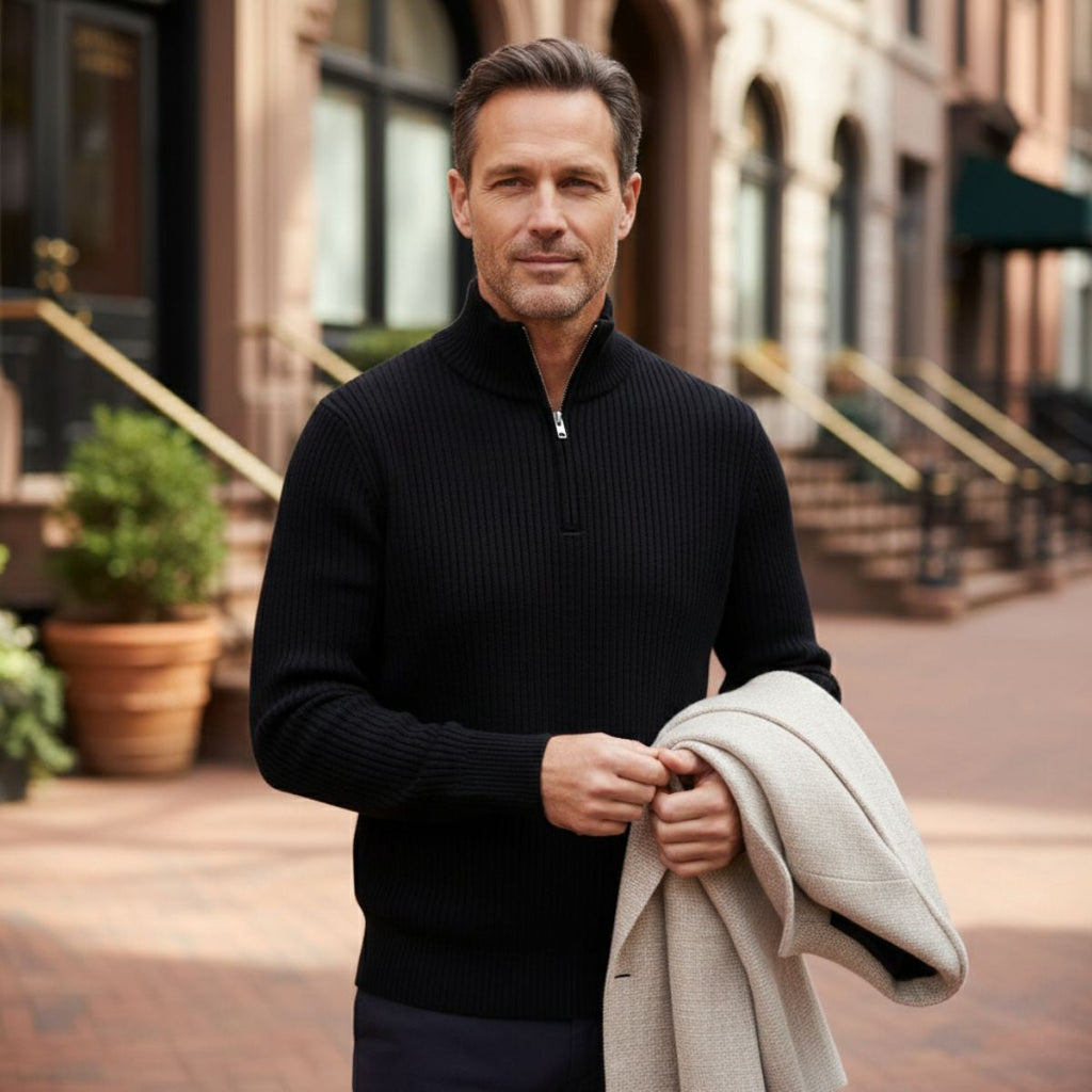 Men's quarter-zip ribbed knit sweater, black; stand collar quarter zip.
