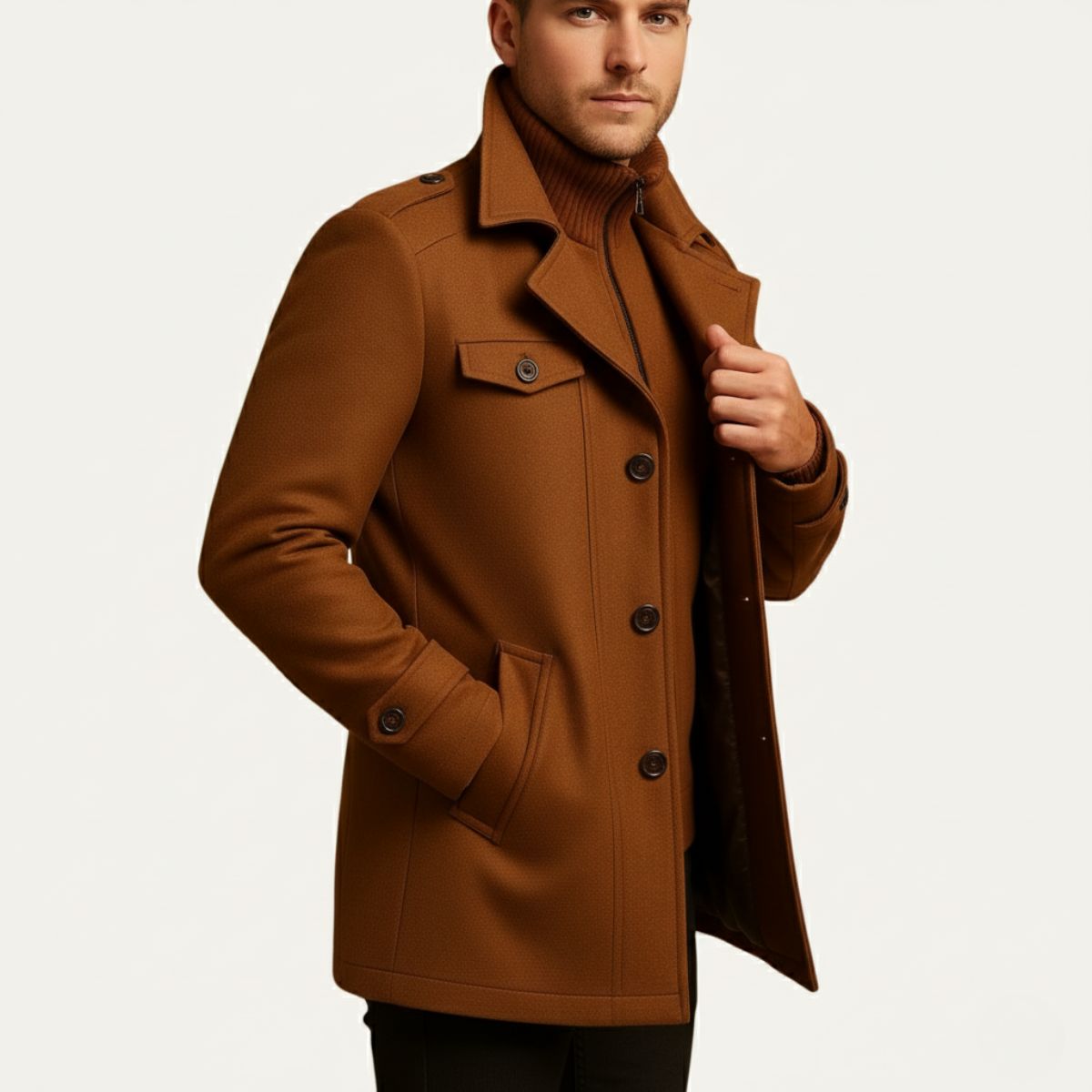 Wool-blend pea coat in brown with buttoned chest flap pockets