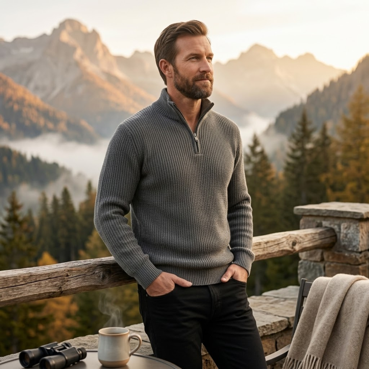 Men’s gray merino wool half-zip knit sweater, ribbed stand collar and quarter-zip