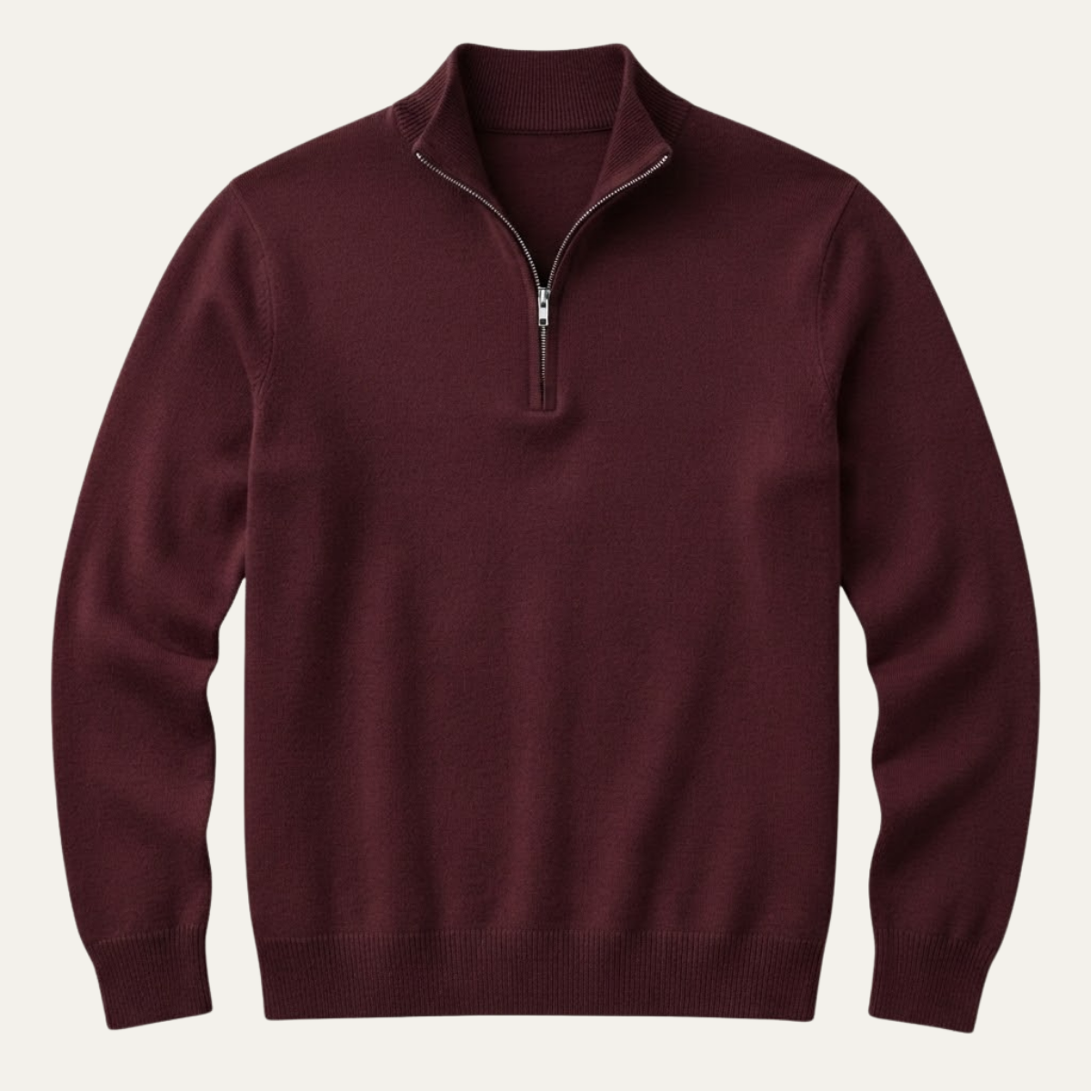Men's quarter-zip mock neck sweater in burgundy, ribbed cuffs and hem