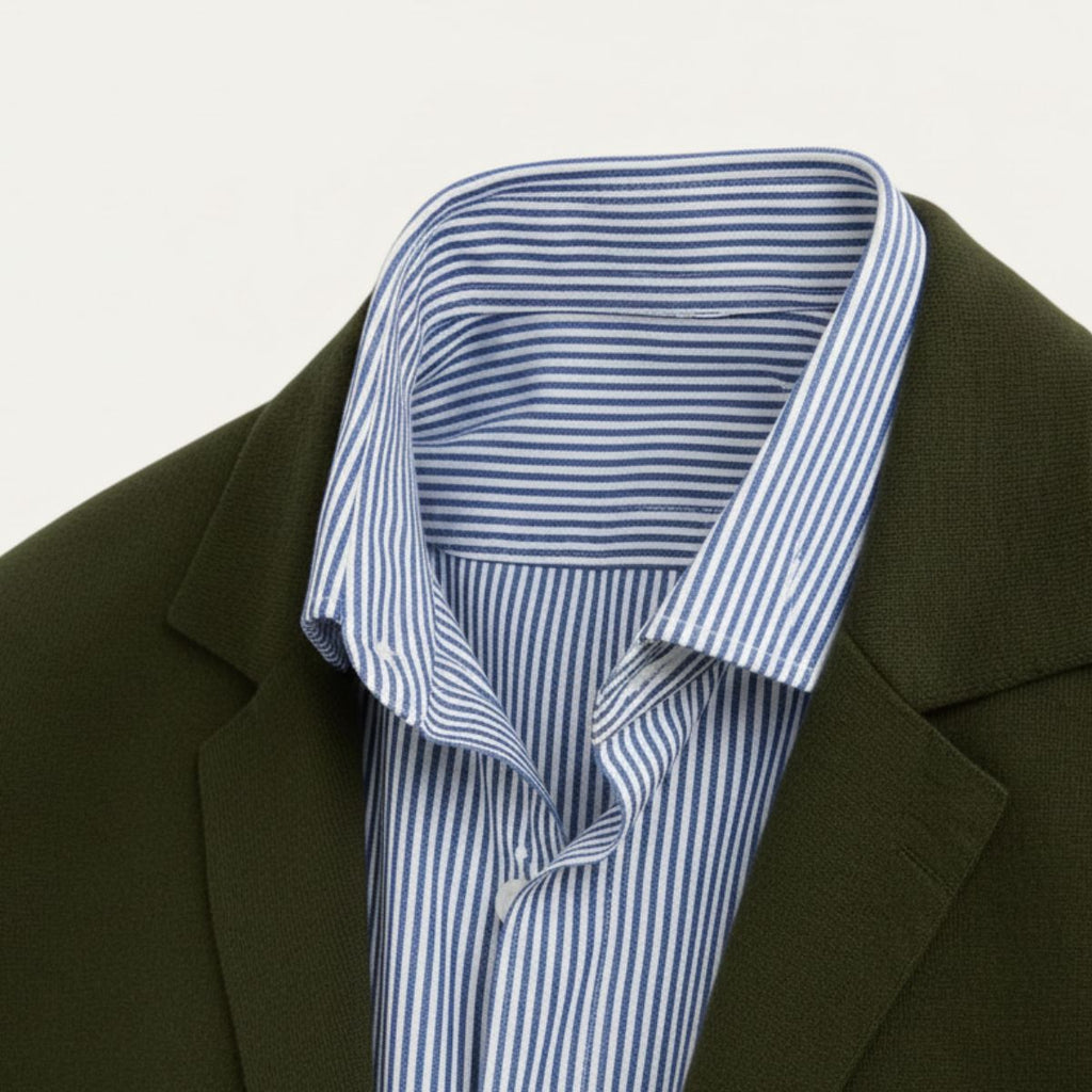 Military green cotton blazer with notch lapels, shown over blue striped dress shirt