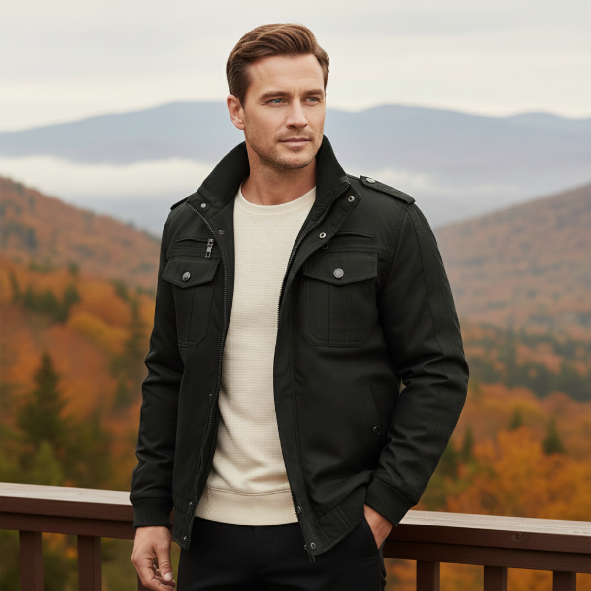 Men’s black thermal zip-up fleece-lined military jacket with snap pockets