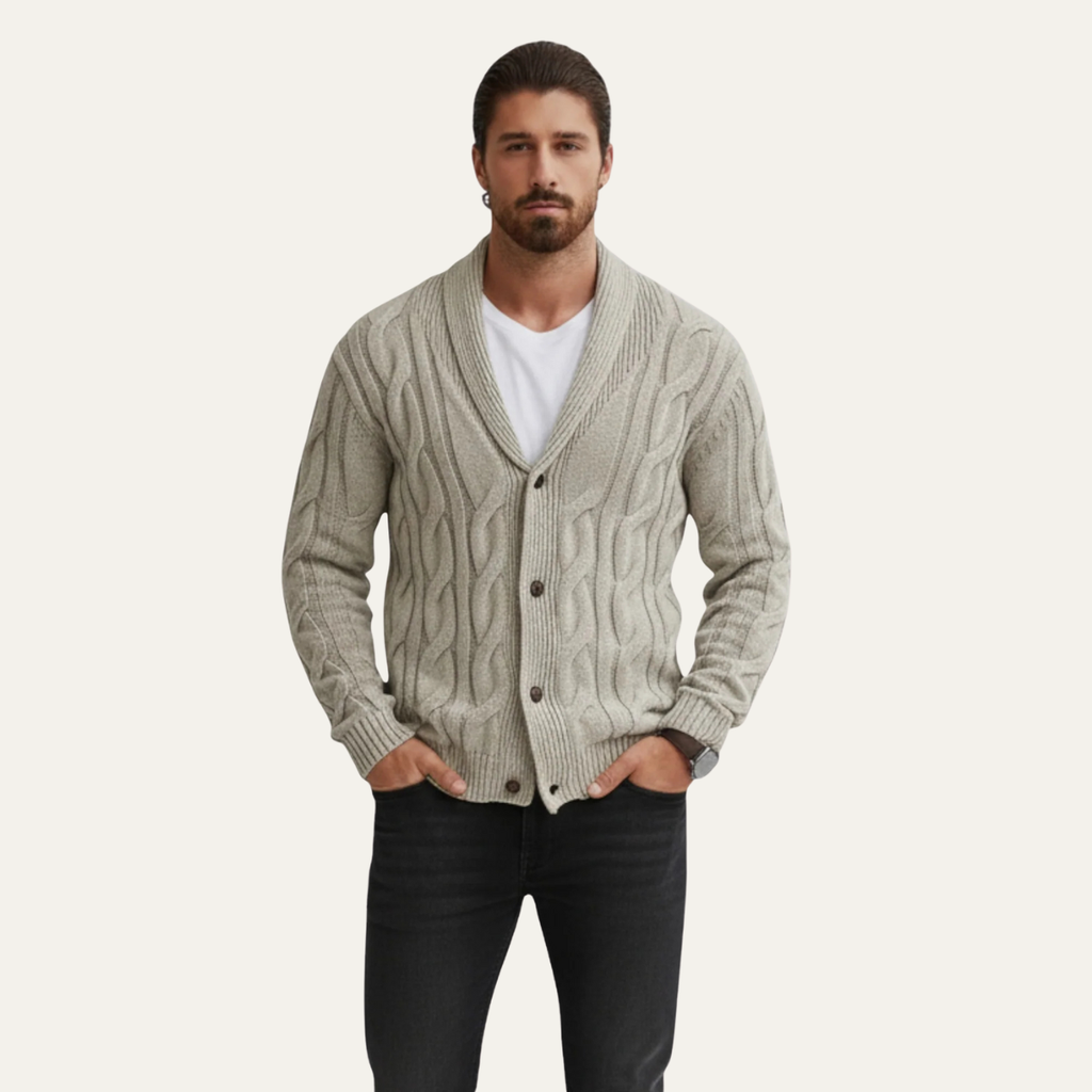 Men's gray cable knit cardigan with V-neck and button front, geometric pattern.