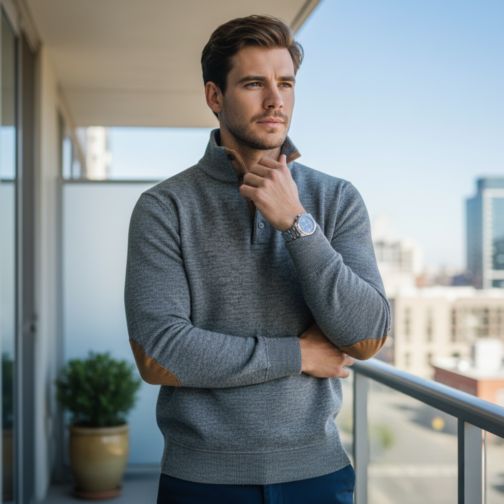 Men’s heather gray knit sweater with tan elbow patches and quarter-zip placket
