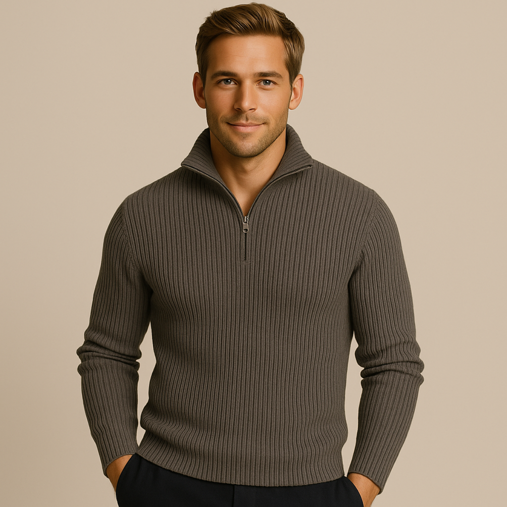 Dark gray merino knit quarter-zip sweater with ribbed collar and cuffs