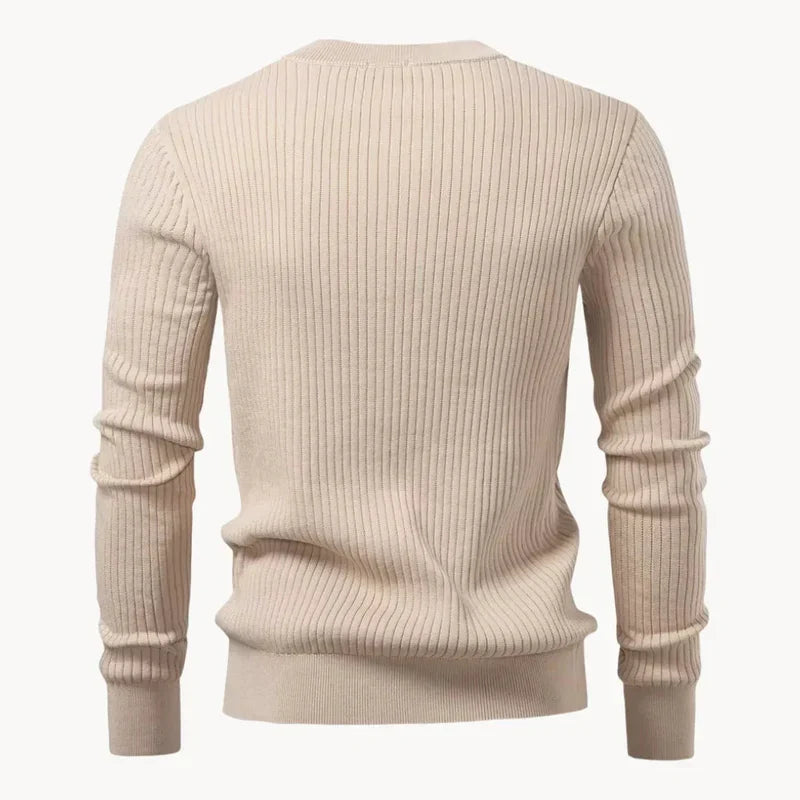 Beige ribbed knit men's henley sweater from back view with long sleeves