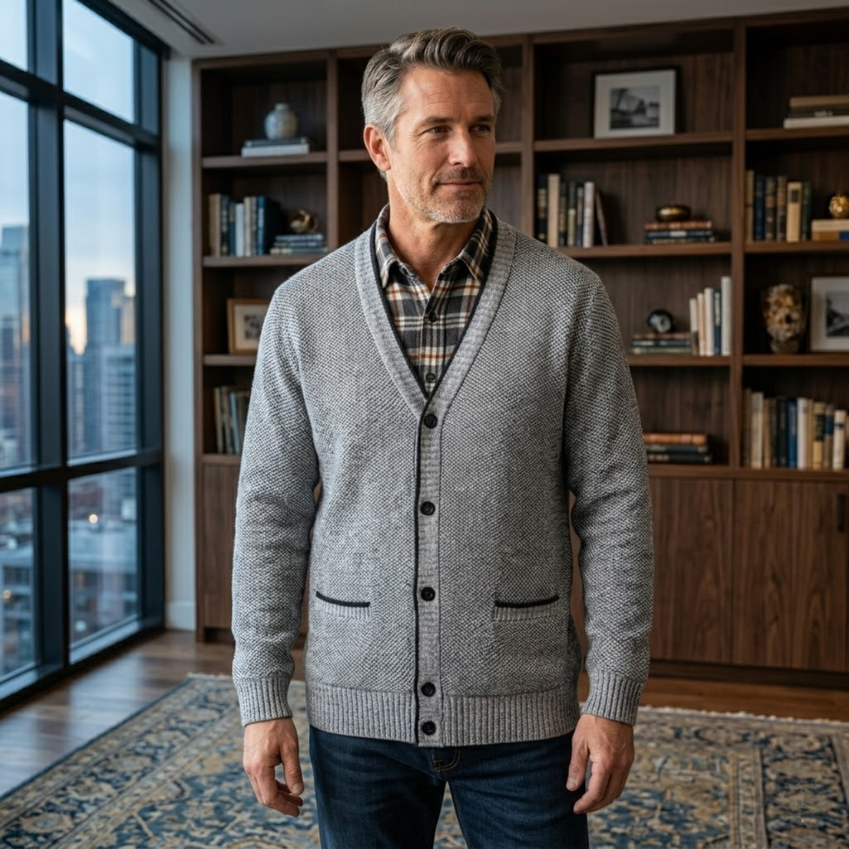 Men's light gray heather knit button cardigan worn with V-neck and button placket