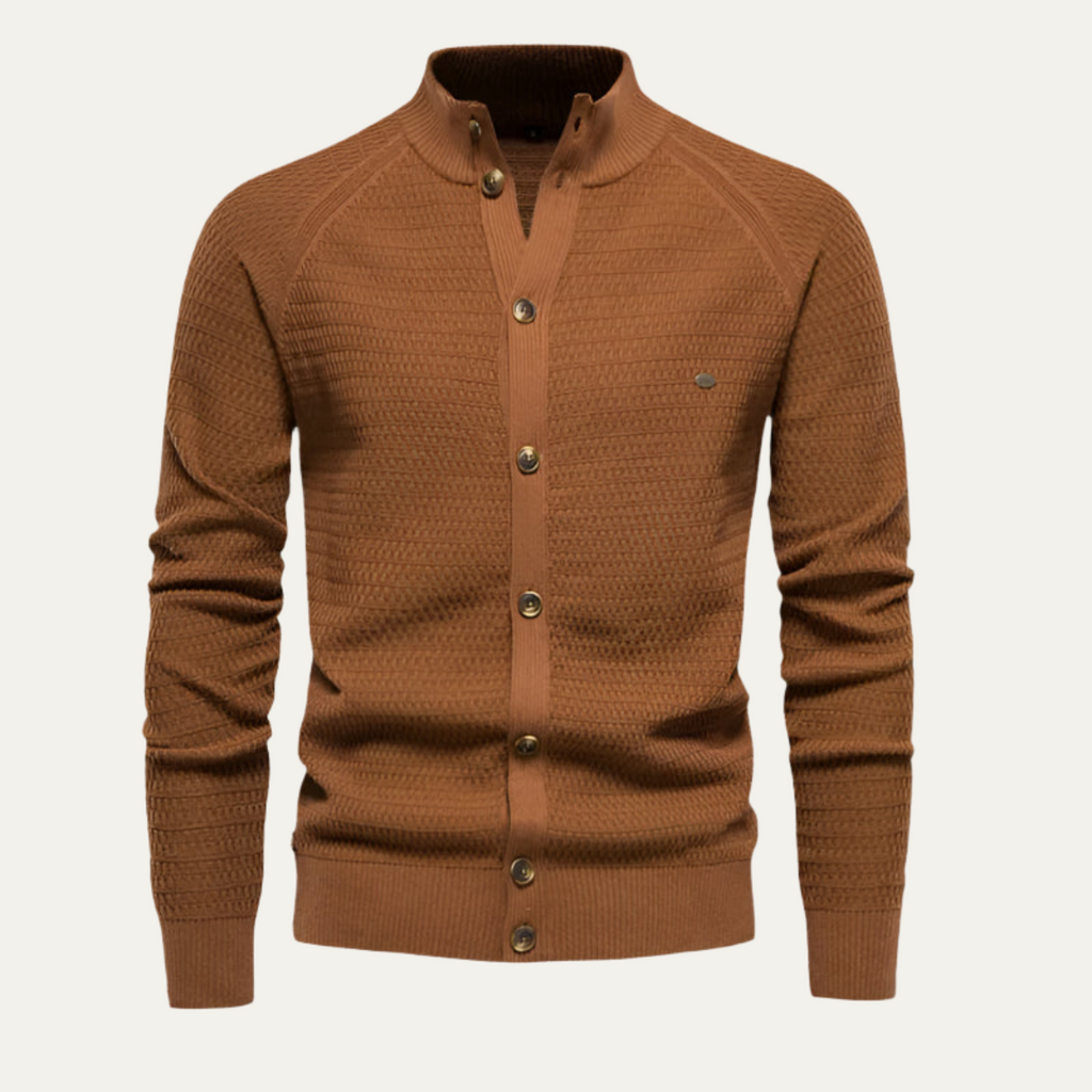 Men's tan brown cardigan with button-front placket, V-neck, and ribbed cuffs.