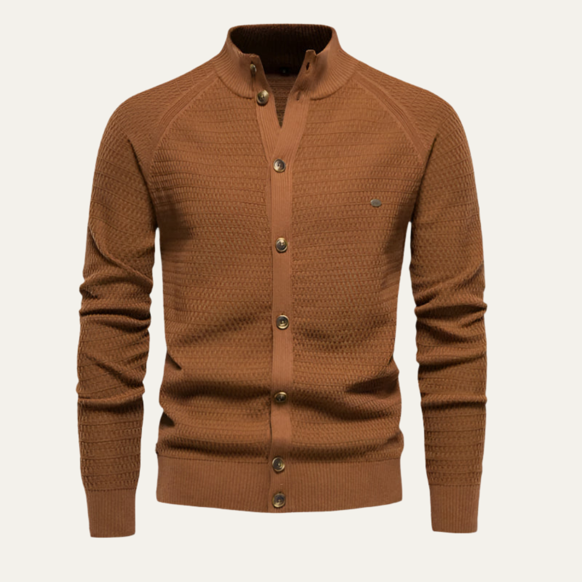 Men's tan brown cardigan with button-front placket, V-neck, and ribbed cuffs.