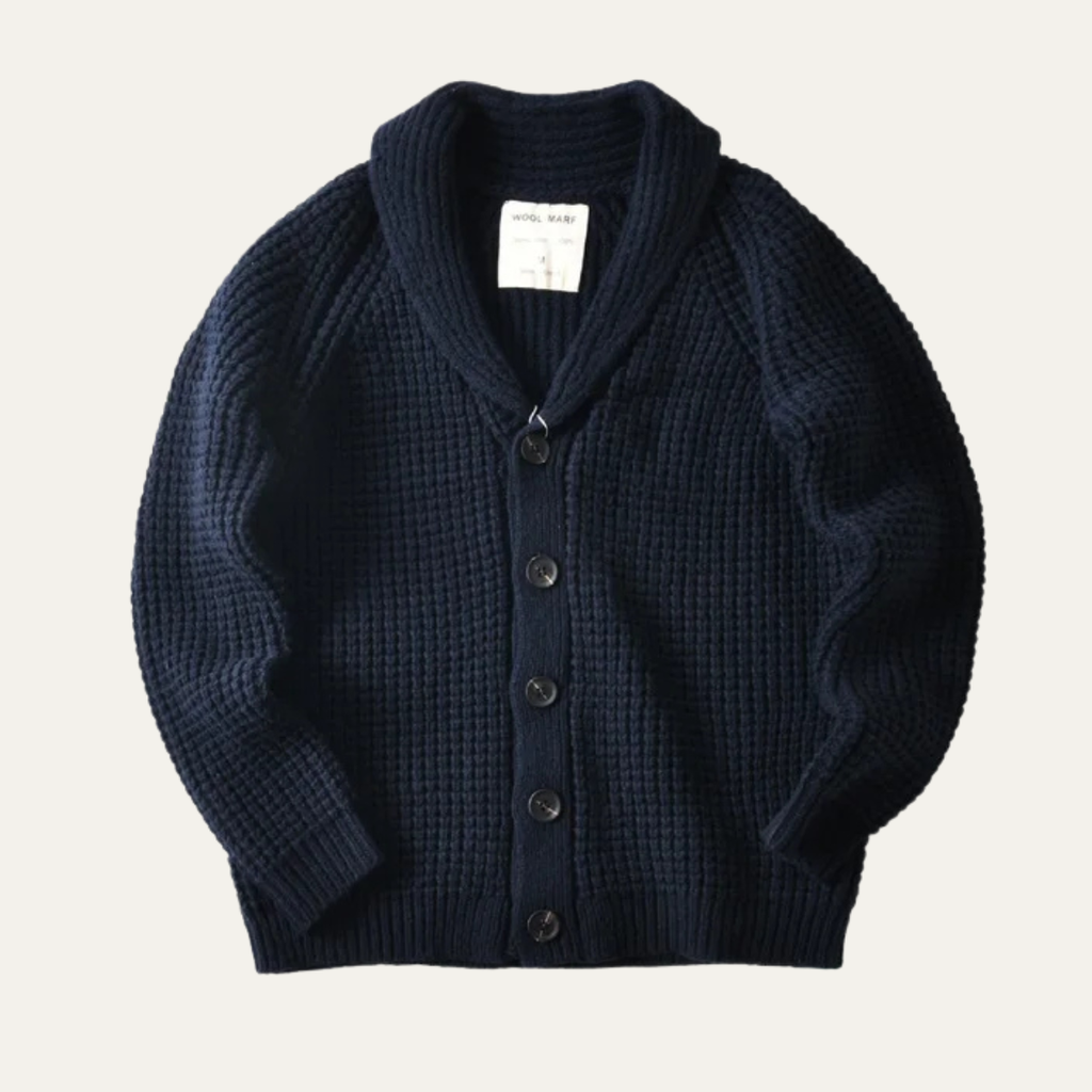 Men’s navy shawl-collar chunky knit cardigan with button placket and ribbed cuffs
