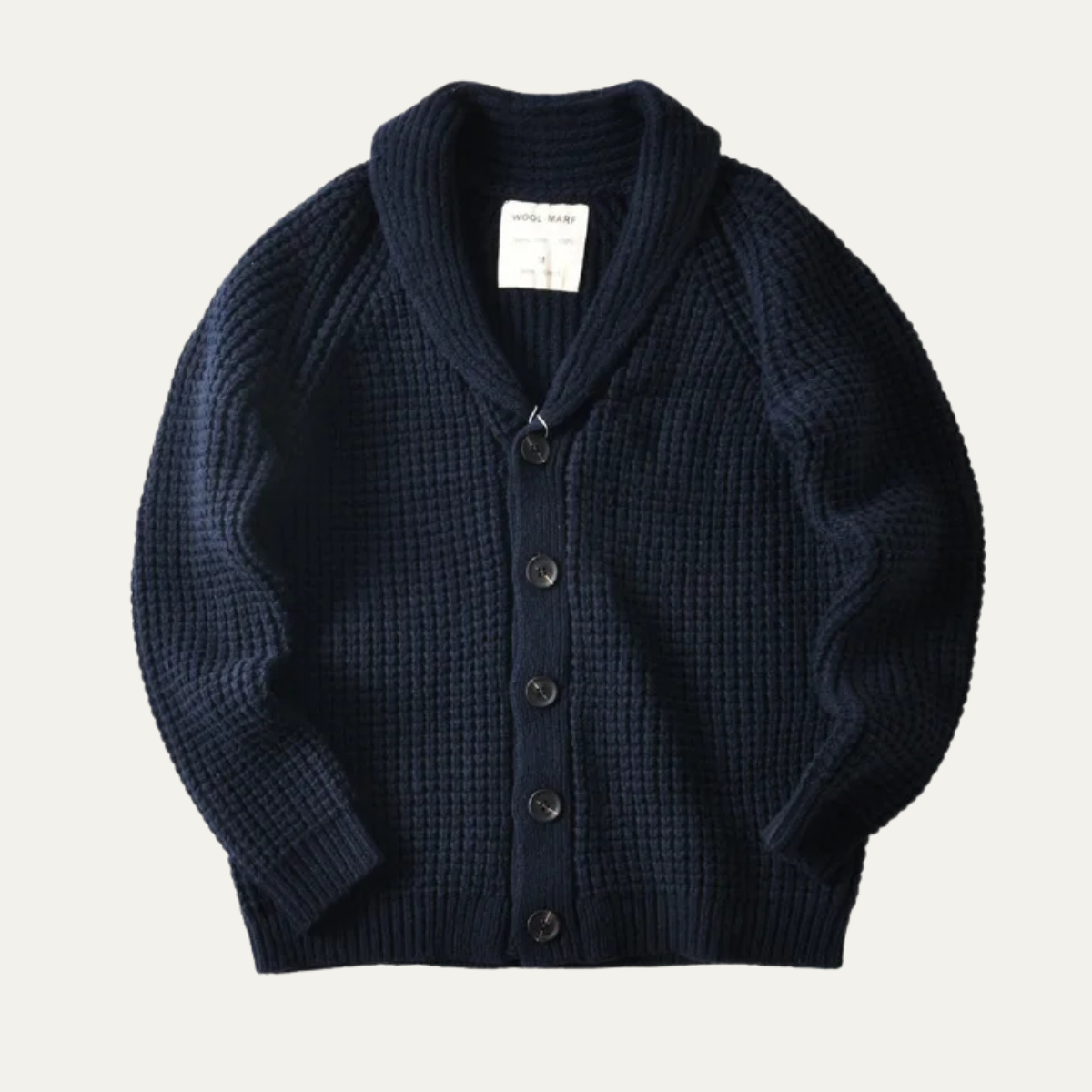 Men’s navy shawl-collar chunky knit cardigan with button placket and ribbed cuffs