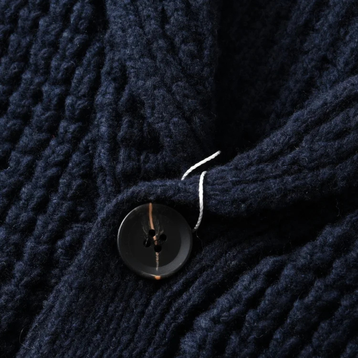 Navy cardigan button close-up with shawl-collar knit texture and buttonhole cord