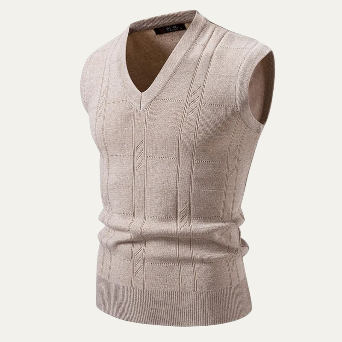 Men's knitted V-neck tank vest, beige, sleeveless with ribbed bottom and vertical stitch detail