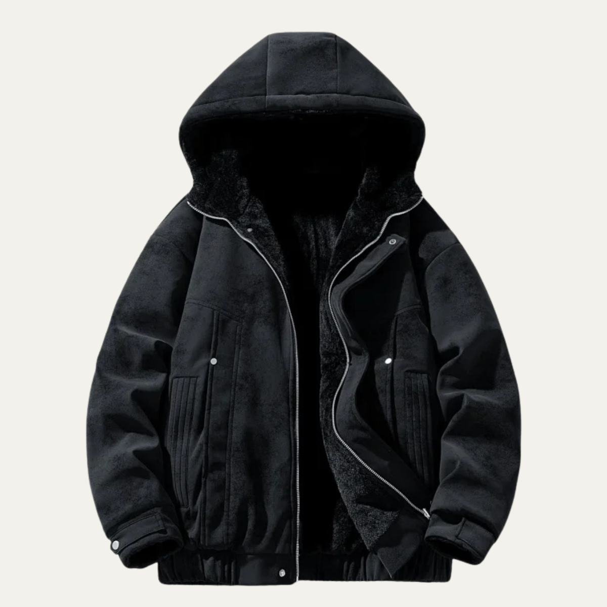 Men's sherpa-lined puffer jacket with hood, zip front, and side pockets, black