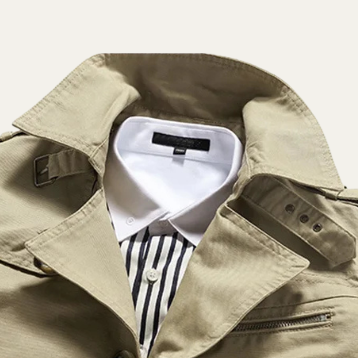 Men's tan trench coat collar with striped and checkered inner lining
