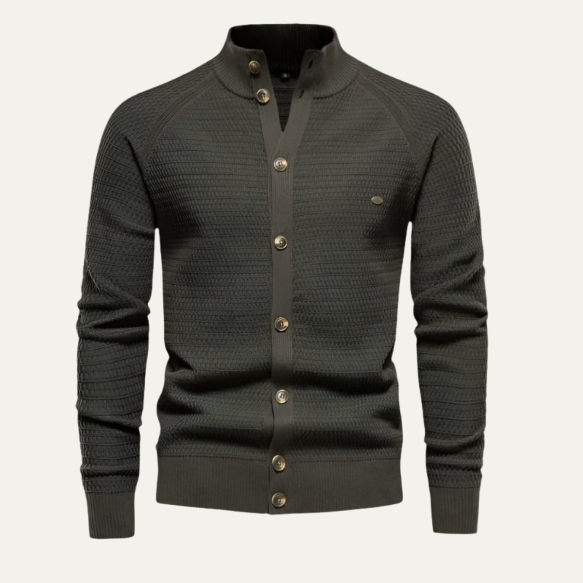 Men's dark green cardigan with button-front placket and ribbed cuffs and hem.