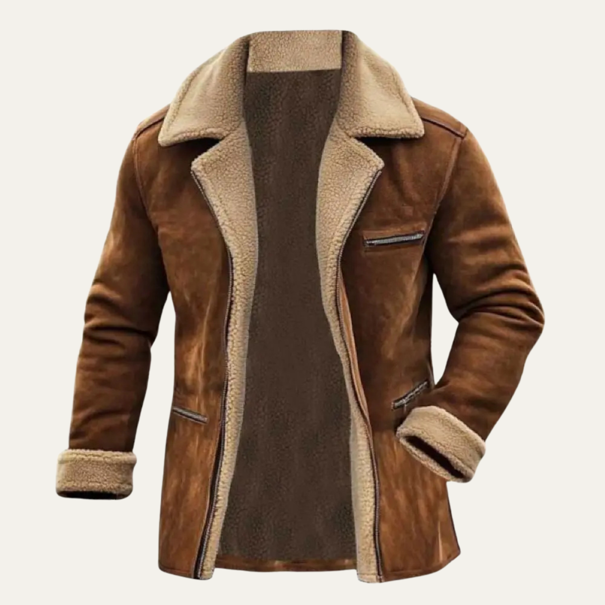 Men's brown suede sherpa-lined zip jacket, tan fleece collar detail