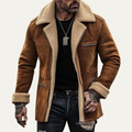 Men's brown suede sherpa-lined zip jacket with front zipper and tan fleece lining
